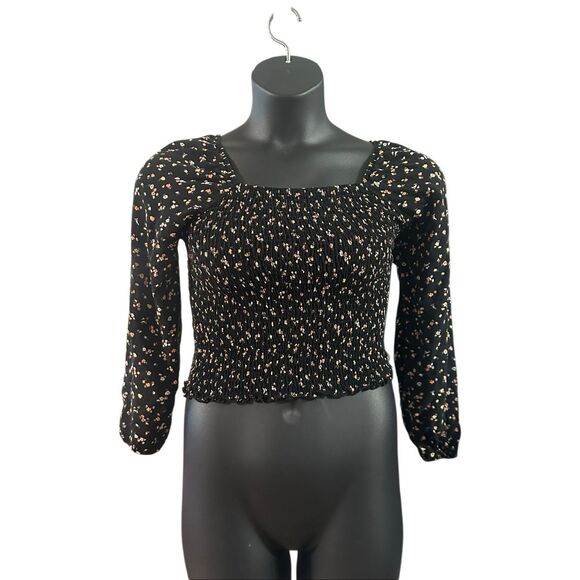 Art Class Girl's Black Floral Print Smocked Long Puff Sleeve Blouse Size Large - Picture 1 of 5